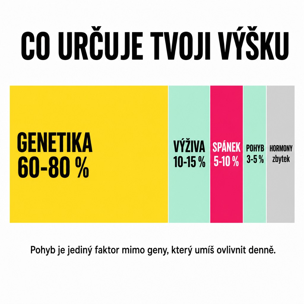 Co určuje výšku člověka: genetika 60-80 %, výživa 10-15 %, spánek 5-10 %, pohyb 3-5 %, hormony zbytek - vizuální poměr