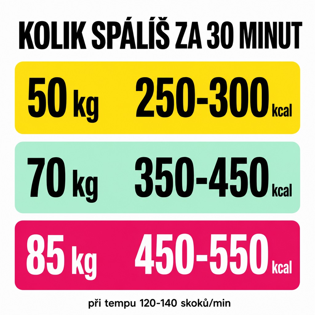 Rychlý přehled kalorického výdeje při skákání přes švihadlo podle váhy: 50 kg = 250-300 kcal/30min, 70 kg = 350-450 kcal/30min, 85 kg = 450-550 kcal/30min