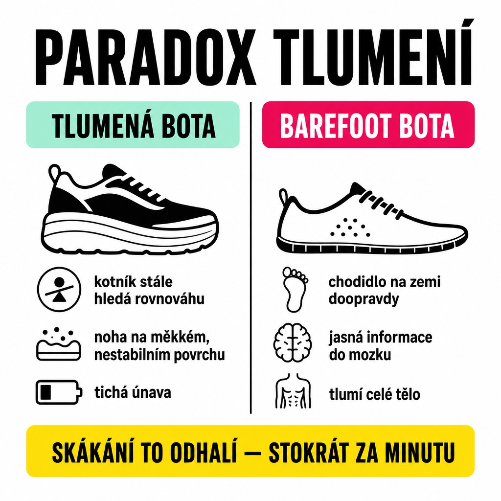 Paradox tlumení: srovnání tlumené sportovní boty a barefoot boty při skákání přes švihadlo. V tlumené botě kotník neustále hledá rovnováhu, v barefoot je chodidlo přímo na zemi a dopad tlumí celé tělo - infografika