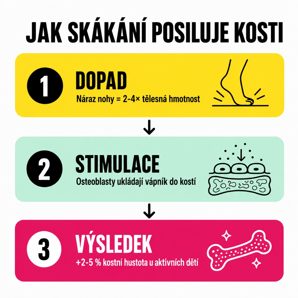 Jak high-impact skákání zvyšuje kostní hustotu: dopad stimuluje osteoblasty, které ukládají vápník do kostí, výsledek 2-5 procent vyšší BMD u aktivních dětí
