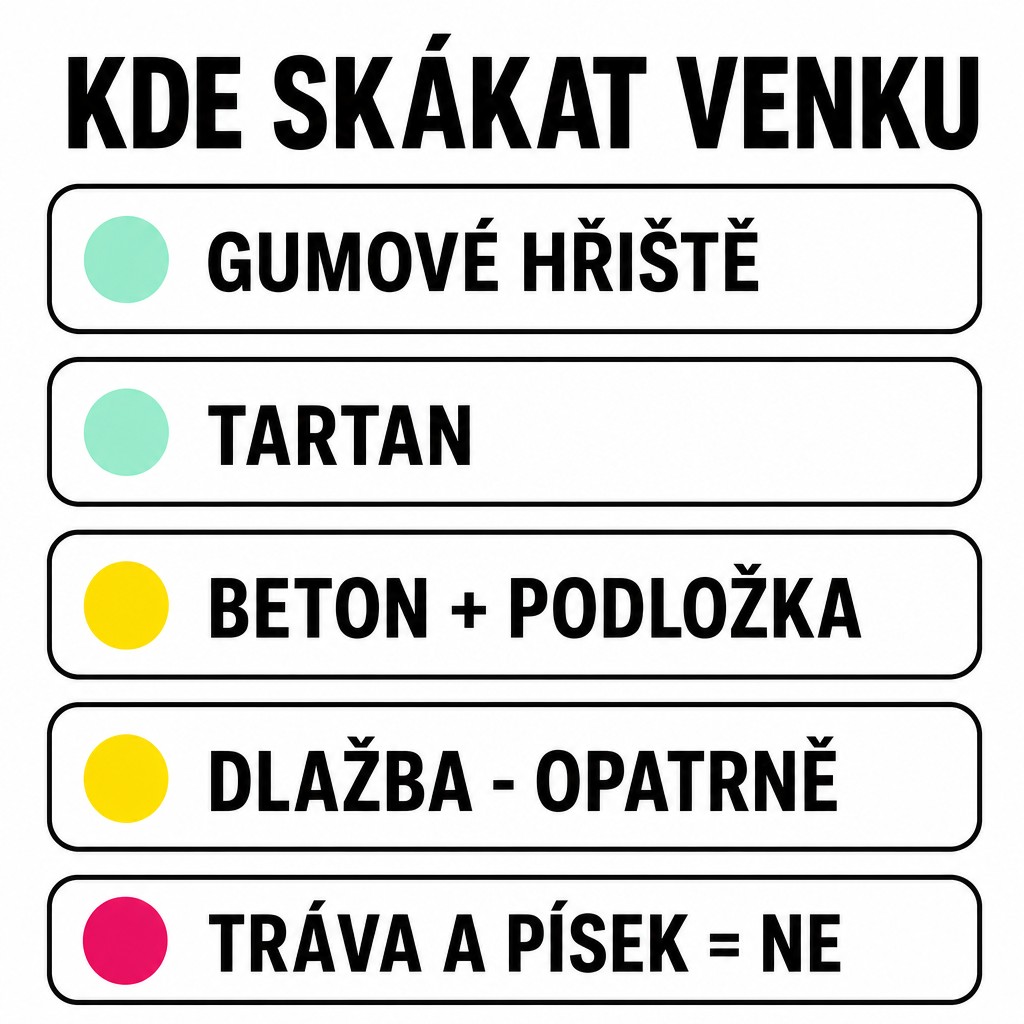 Žebříček povrchů na skákání přes švihadlo venku: gumové hřiště a tartan nejlepší, beton s podložkou ok, dlažba opatrně, tráva a písek se nehodí