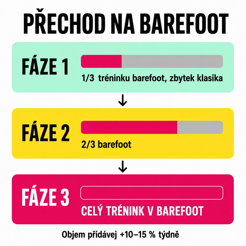 Jak přejít na barefoot při skákání přes švihadlo: tři fáze - první třetina tréninku v barefoot a zbytek v klasických botách, pak dvě třetiny barefoot, nakonec celý trénink v barefoot. Tréninkový objem přidávej o 10-15 procent týdně - infografika