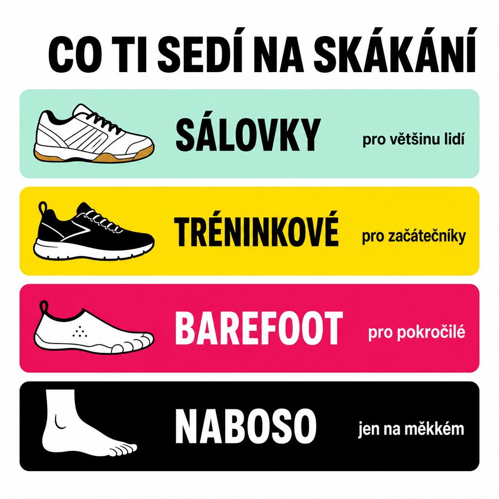 Srovnání typů bot na skákání přes švihadlo: sálovky pro většinu, lehké tréninkové boty pro začátečníky, barefoot pro pokročilé, naboso jen na měkkém povrchu - infografika