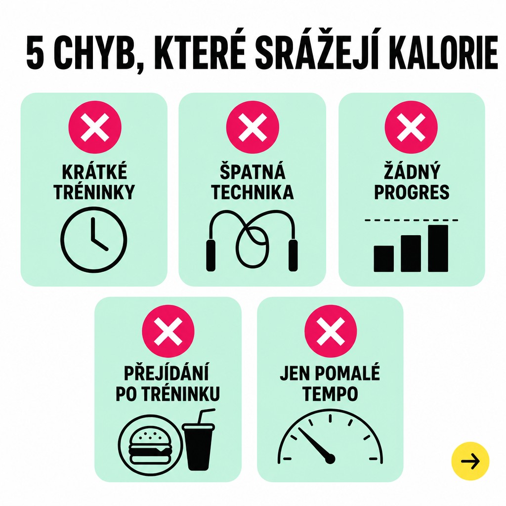 5 nejčastějších chyb, které srážejí kalorický výdej při skákání: krátké tréninky, špatná technika, žádný progres, přejídání po cvičení, jen low-intensity