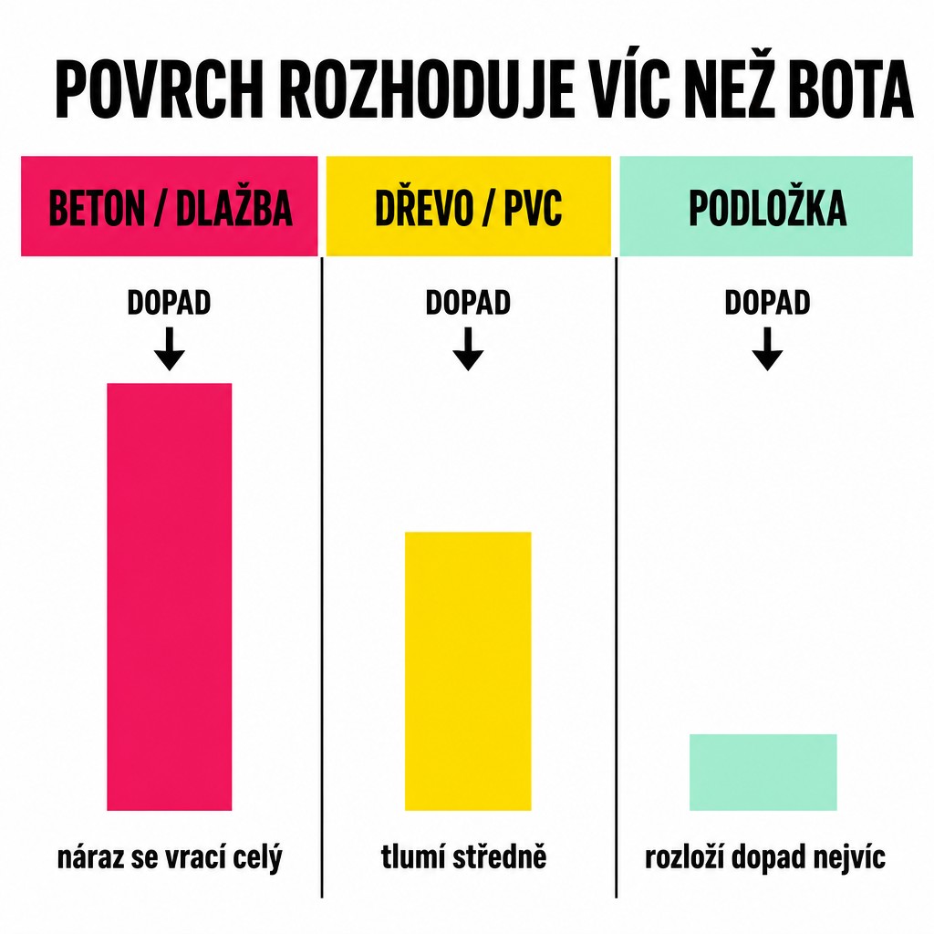 Proč povrch rozhoduje víc než bota: na betonu a tvrdé dlažbě se náraz vrací celý, dřevo a PVC tlumí středně, měkká podložka rozloží dopad nejvíc - infografika