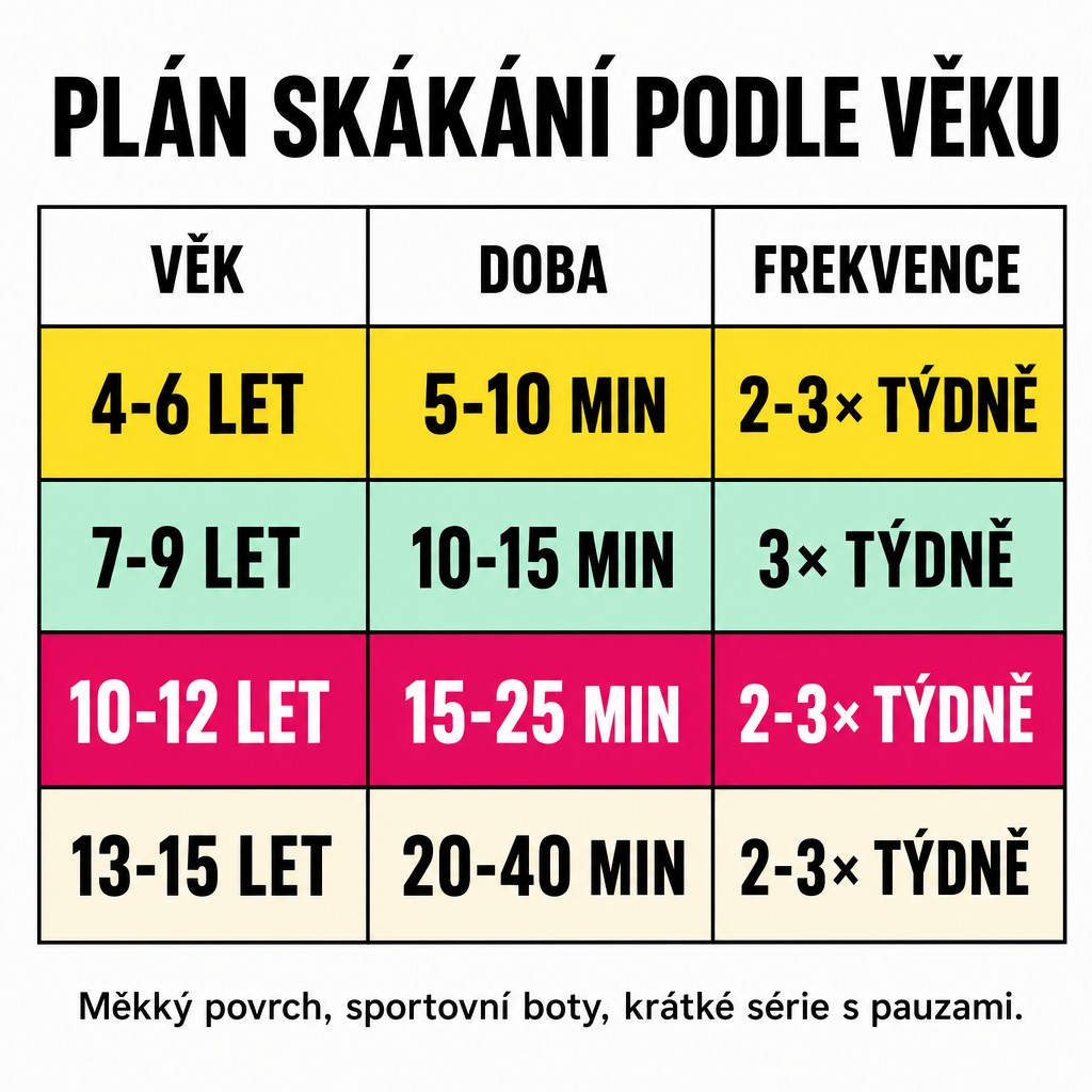 Plán skákání podle věku dítěte: 4-6 let 5-10 minut 2-3krát týdně, 7-9 let 10-15 minut 3krát, 10-12 let 15-25 minut, 13-15 let 20-40 minut
