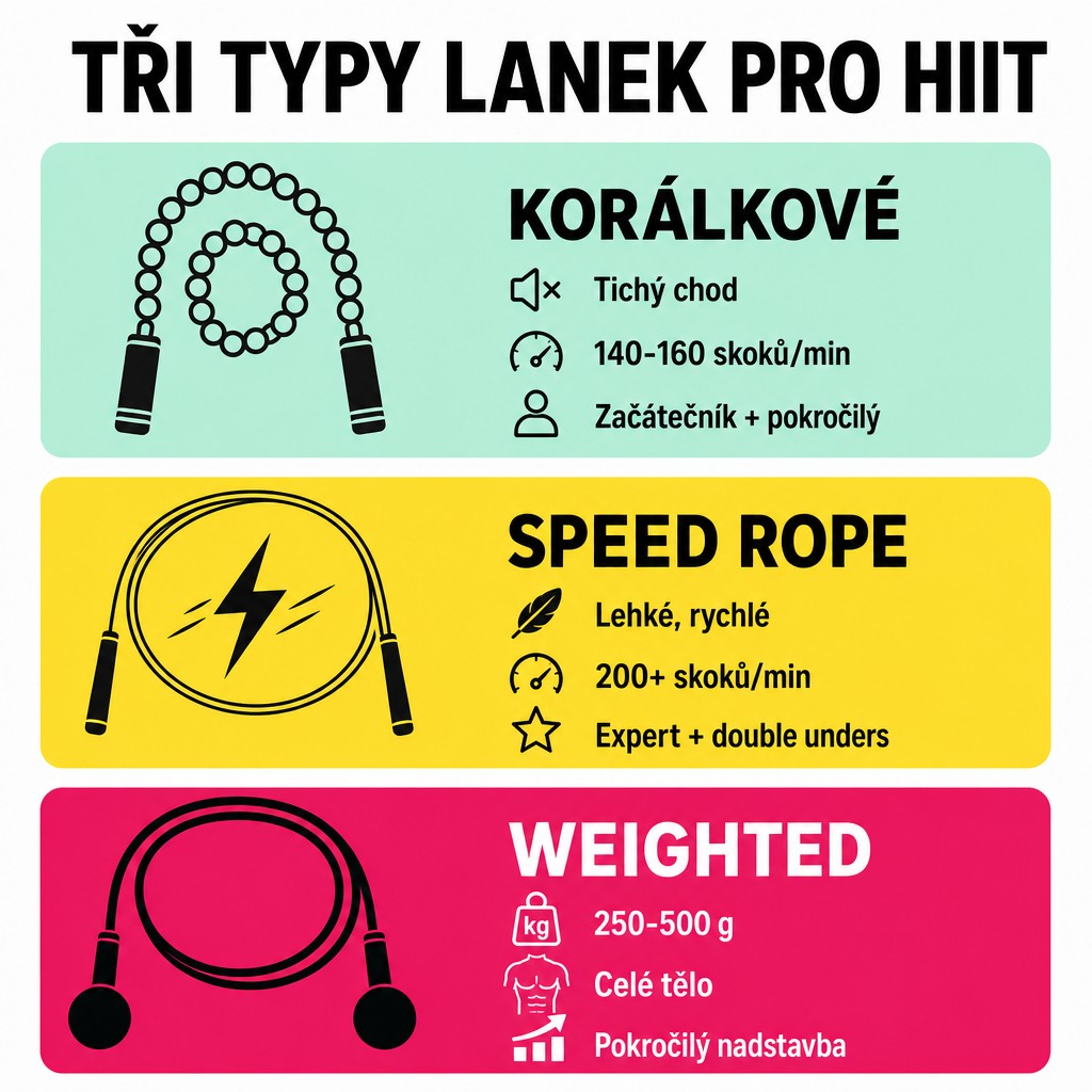 Tři typy lanek pro HIIT trénink: korálkové (beaded) tichý chod 140-160 skoků/min, speed rope rychlé 200+ pro double unders, weighted rope 250-500 g pro celé tělo