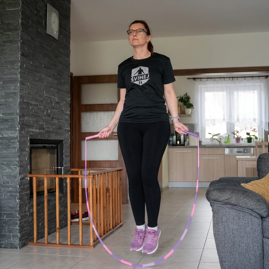 Žena skáče přes švihadlo doma v obýváku před televizí - trénink Cesta Šviháka