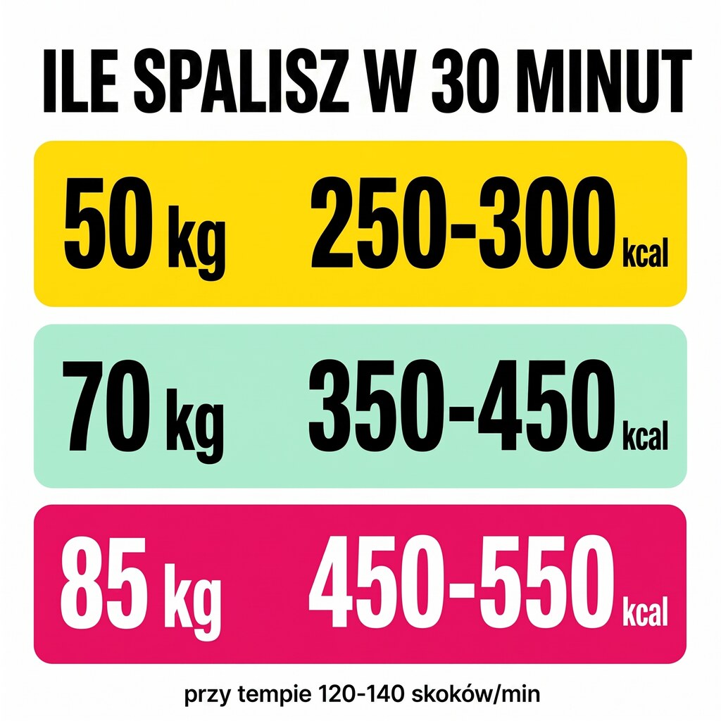 Szybki przegląd wydatku kalorycznego przy skakaniu przez skakankę według wagi: 50 kg = 250-300 kcal/30min, 70 kg = 350-450 kcal/30min, 85 kg = 450-550 kcal/30min
