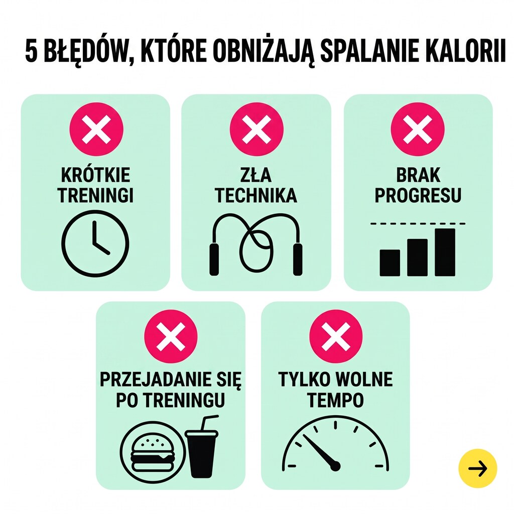 5 najczęstszych błędów, które zaniżają wydatek kaloryczny przy skakaniu: krótkie treningi, zła technika, brak progresu, przejadanie się po ćwiczeniu, tylko low-intensity