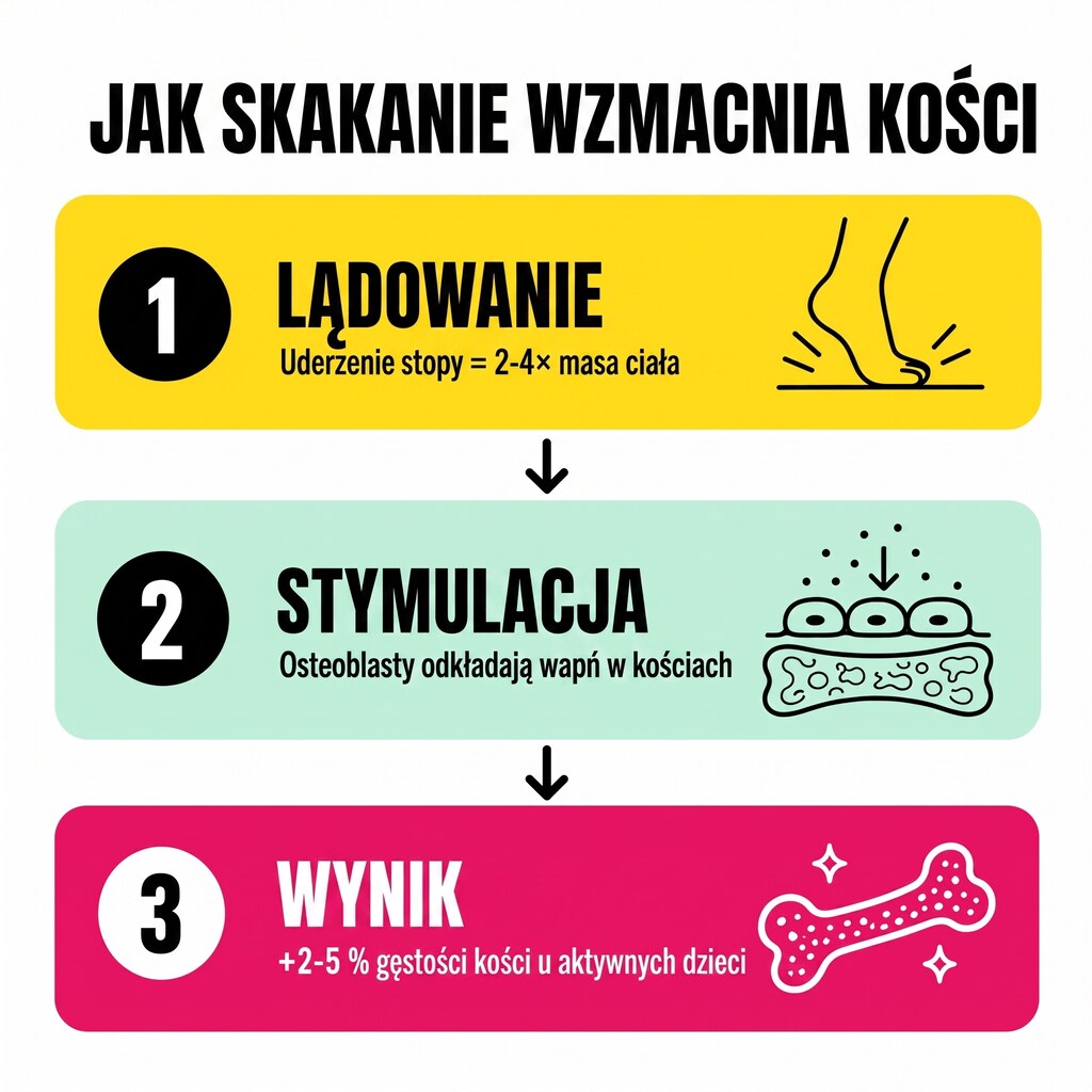 Jak skakanie high-impact zwiększa gęstość kości: lądowanie pobudza osteoblasty, które odkładają wapń w kościach, efekt to 2–5 procent wyższe BMD u aktywnych dzieci