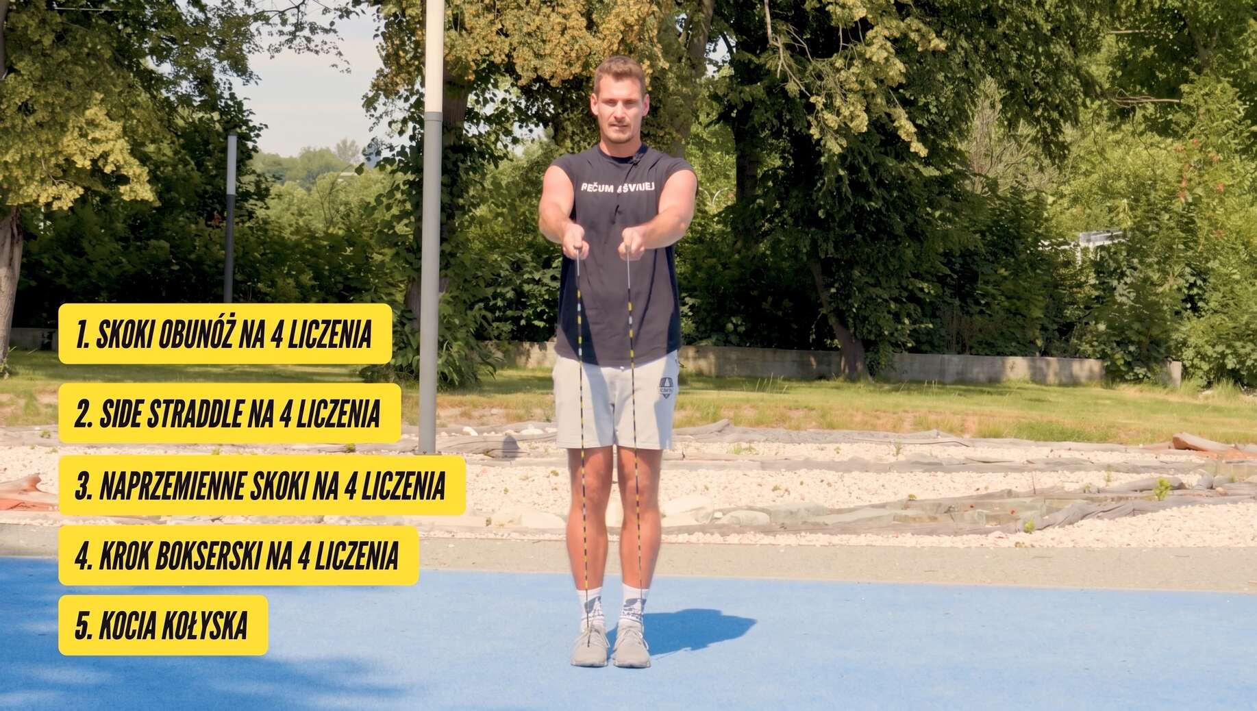 Trening ze skakanką – skoki obunóż, side straddle, zmiana nóg, boxer step – przykład z programu Droga Šviháka