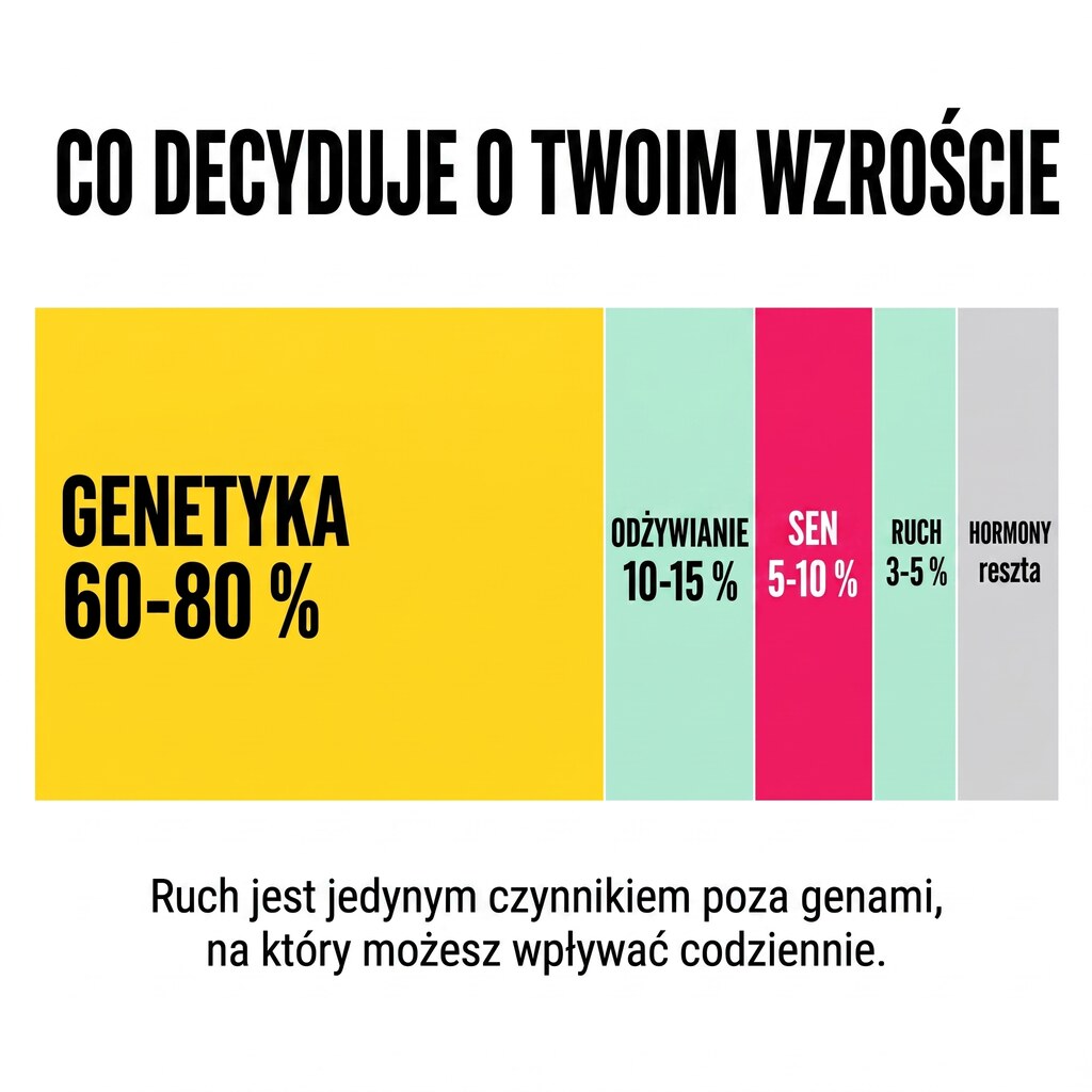 Co określa wzrost człowieka: genetyka 60–80 %, odżywianie 10–15 %, sen 5–10 %, ruch 3–5 %, hormony reszta – proporcje wizualnie
