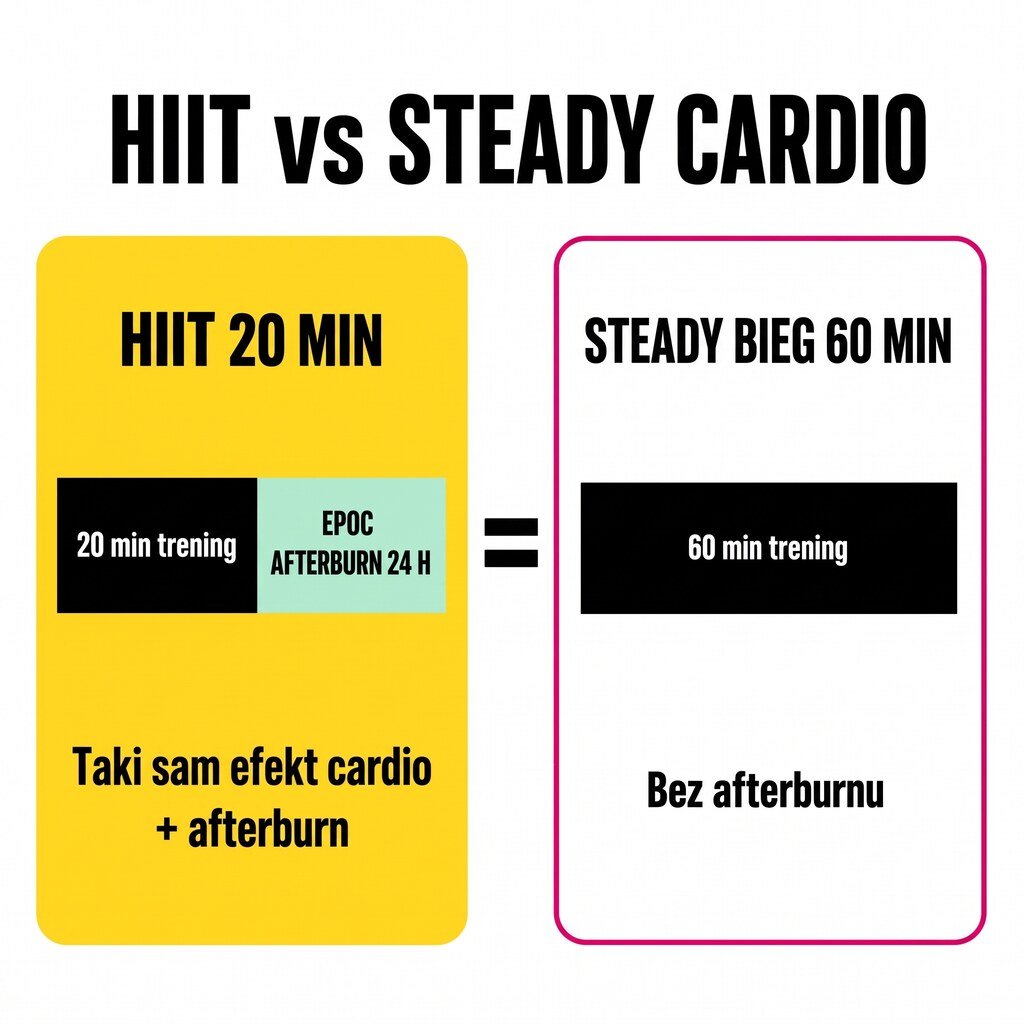 HIIT vs steady-state cardio: HIIT 20 min + afterburn EPOC 24 h vs bieg 60 min bez afterburnu, porównywalny efekt kardio