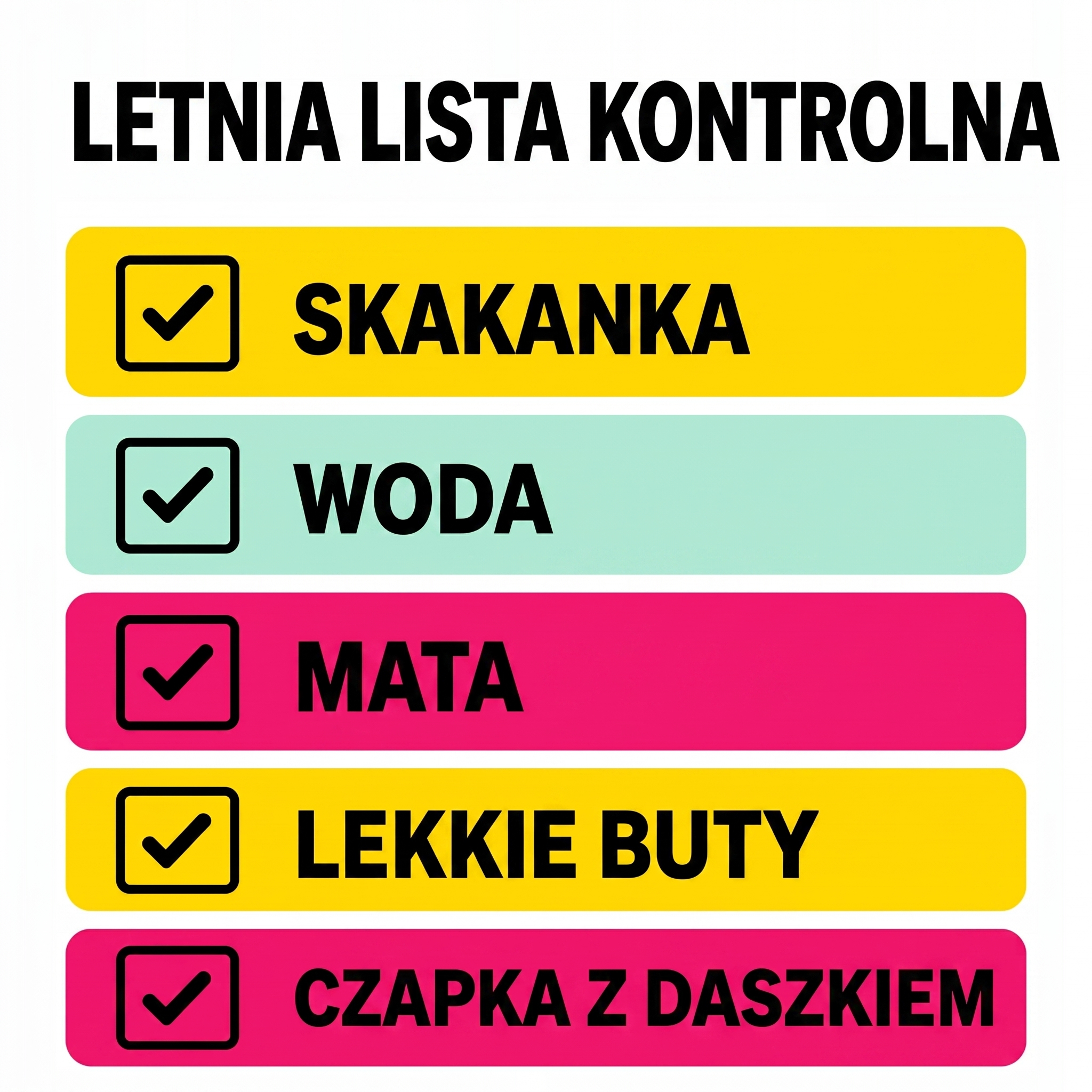 Letnia checklista do skakania na skakance na zewnątrz: skakanka, woda, mata, lekkie buty i czapka z daszkiem