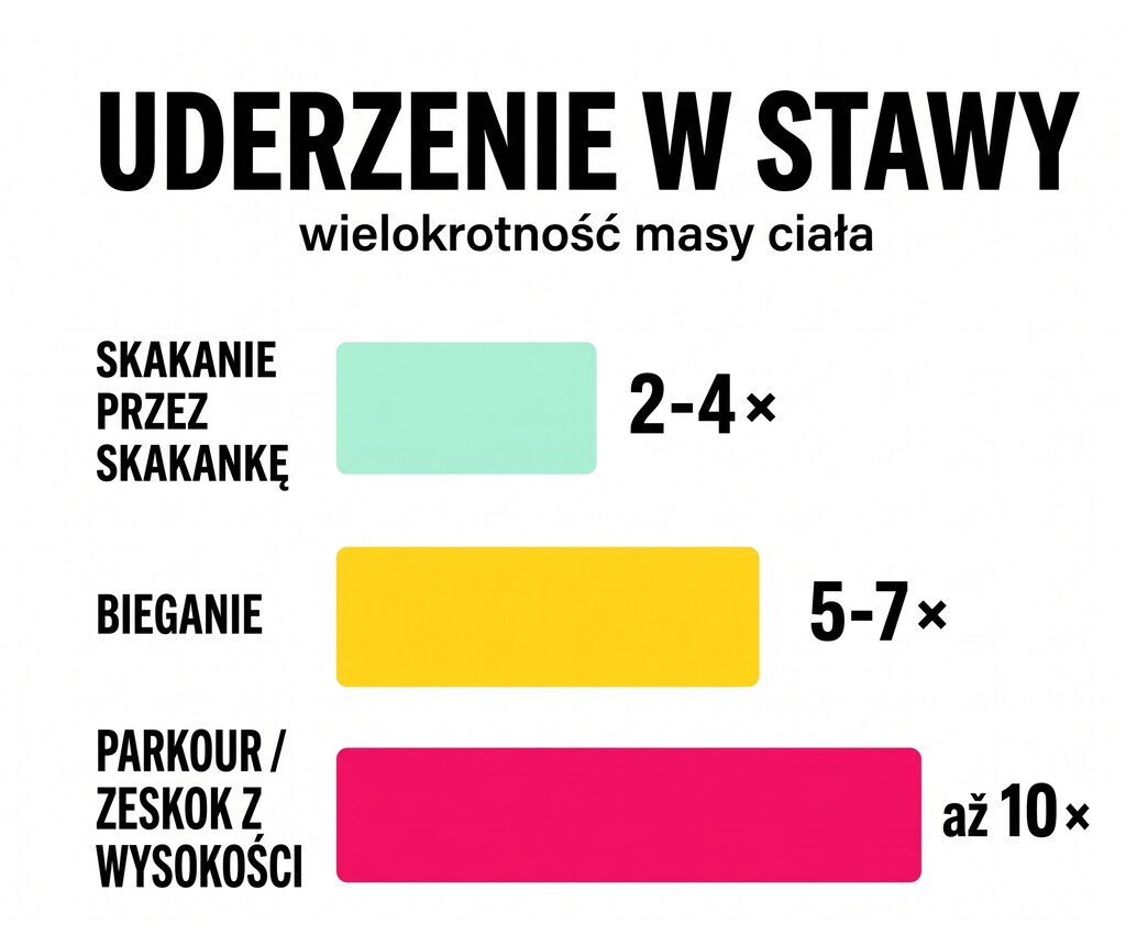 Porównanie uderzenia na stawy: skakanie przez skakankę 2-4-krotność masy ciała, bieganie 5-7-krotność, parkour aż 10-krotność