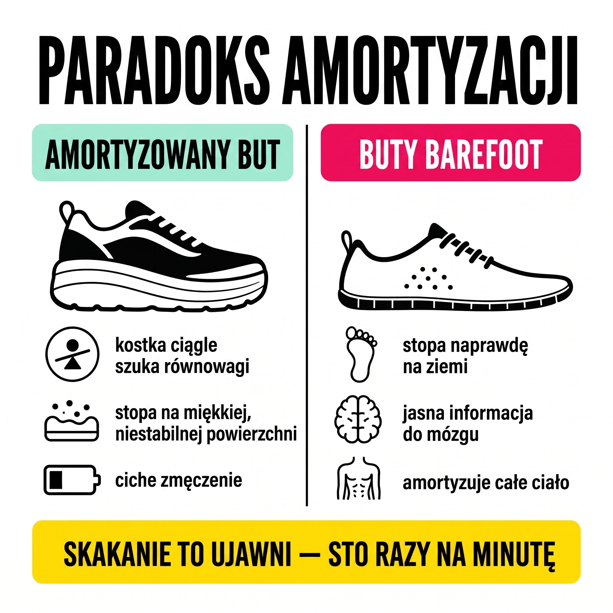Paradoks amortyzacji: porównanie amortyzowanego buta sportowego i buta barefoot przy skakaniu na skakance. W bucie amortyzowanym kostka stale szuka równowagi, w barefoot stopa jest wprost na ziemi, a lądowanie amortyzuje całe ciało – infografika