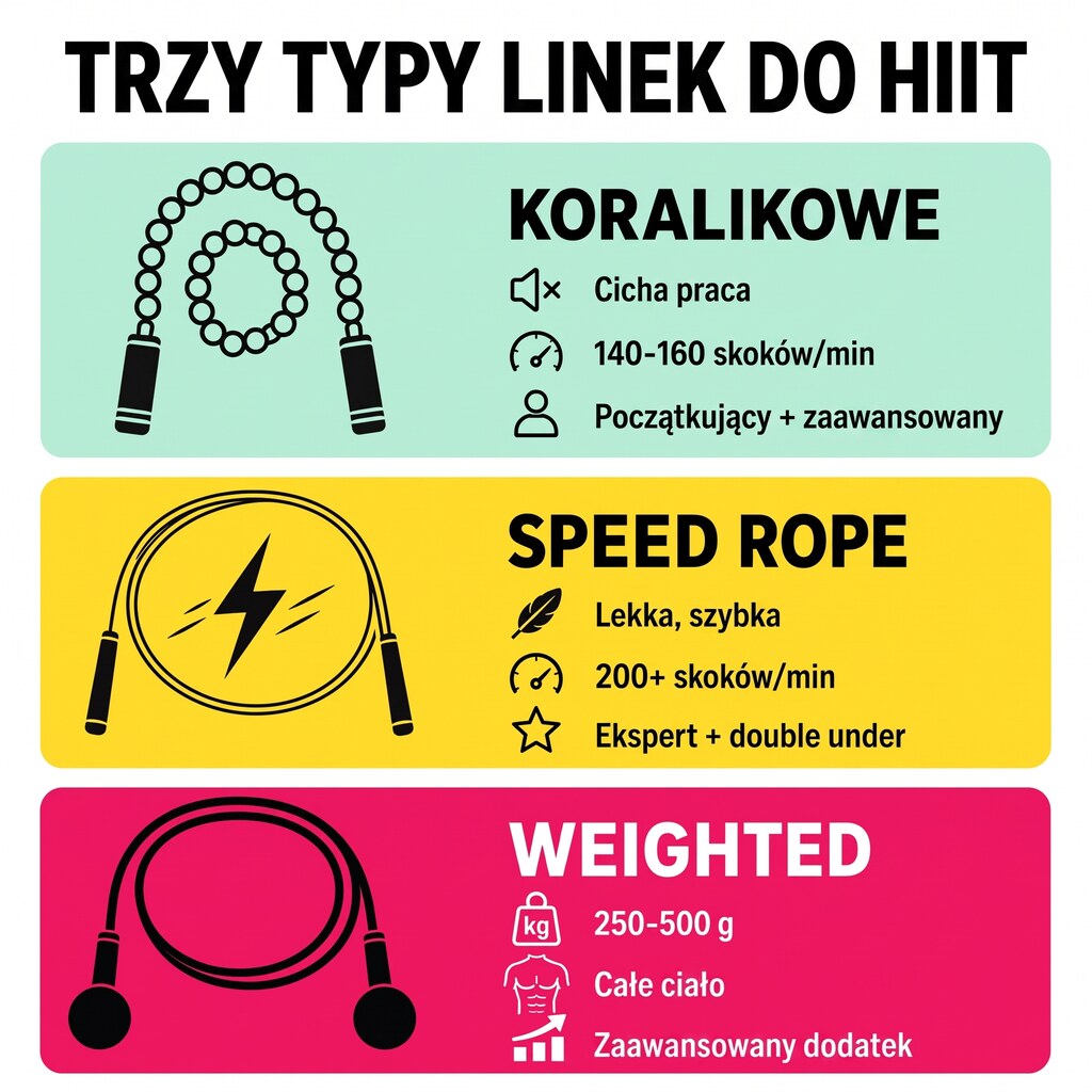Trzy typy linek do treningu HIIT: koralikowa (beaded) cichy chód 140-160 skoków/min, speed rope szybka 200+ na double undery, weighted rope 250-500 g na całe ciało