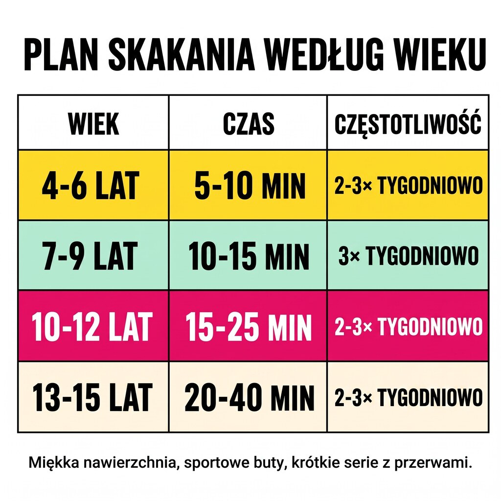 Plan skakania według wieku dziecka: 4–6 lat 5–10 minut 2–3 razy w tygodniu, 7–9 lat 10–15 minut 3 razy, 10–12 lat 15–25 minut, 13–15 lat 20–40 minut