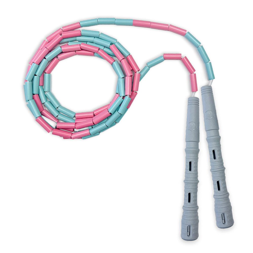 Korálkové Katana Rope - švihadlo pre začiatočníkov, nastaviteľná dĺžka, vhodné na chudnutie. Vyber farbu rukovätí:: Šedé, Vyber farbu korálikov: Růžovo/mint