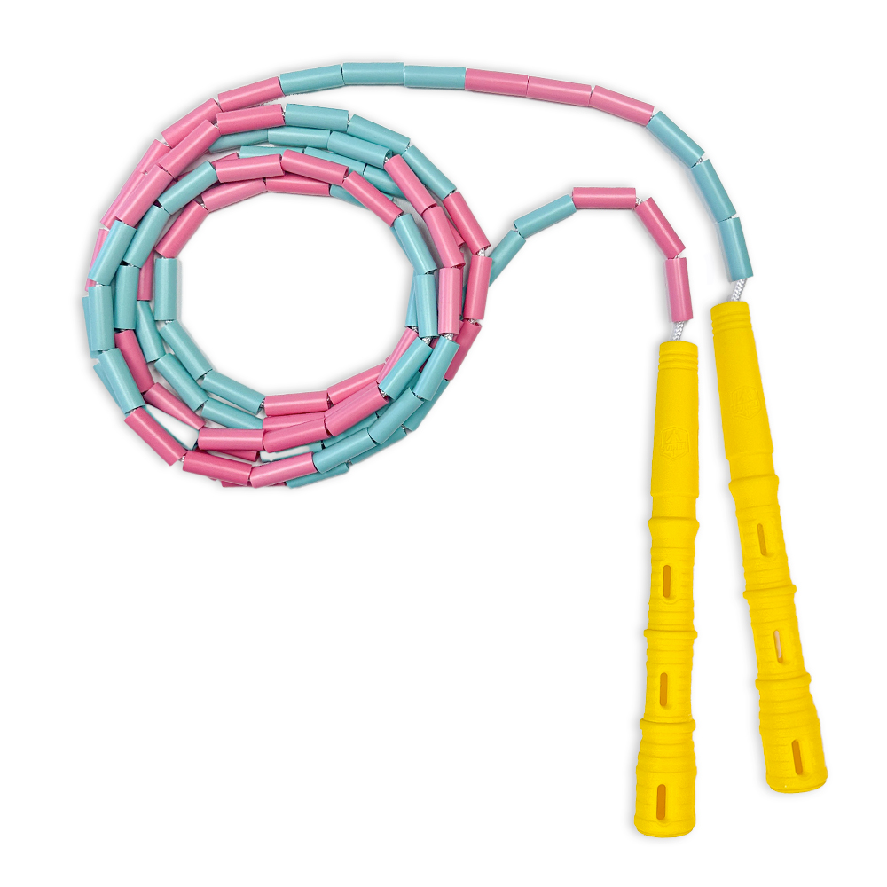 Korálkové Katana Rope - švihadlo pre začiatočníkov, nastaviteľná dĺžka, vhodné na chudnutie. Vyber farbu rukovätí:: Žlté, Vyber farbu korálikov: Růžovo/mint