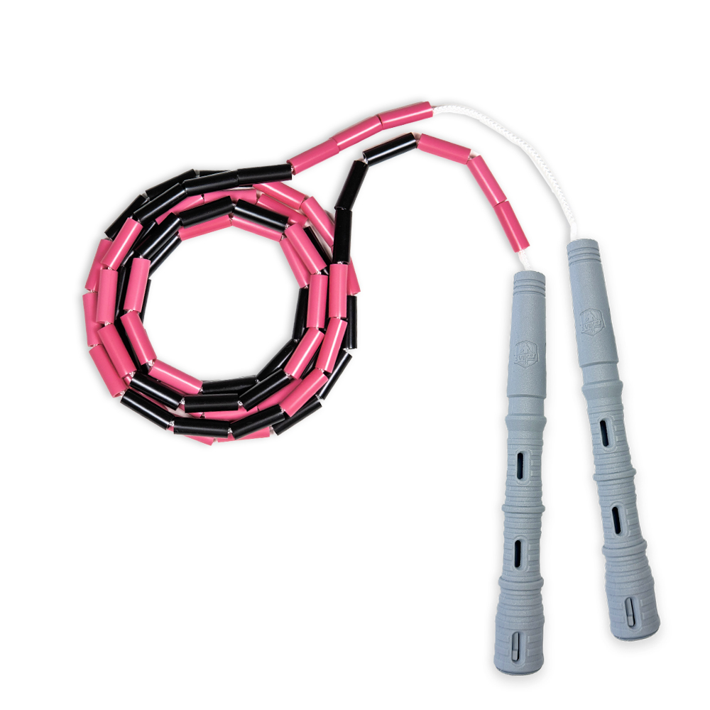 Korálkové Katana Rope - švihadlo pre začiatočníkov, nastaviteľná dĺžka, vhodné na chudnutie. Vyber farbu rukovätí:: Šedé, Vyber farbu korálikov: Růžovo/čierna