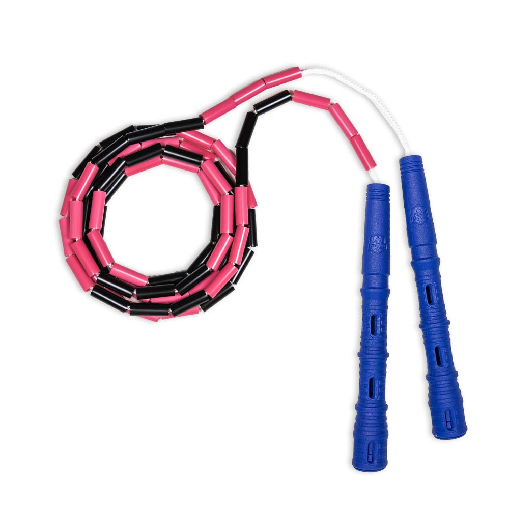Korálkové Katana Rope - švihadlo pre začiatočníkov, nastaviteľná dĺžka, vhodné na chudnutie. Vyber farbu rukovätí:: Modré, Vyber farbu korálikov: Růžovo/čierna