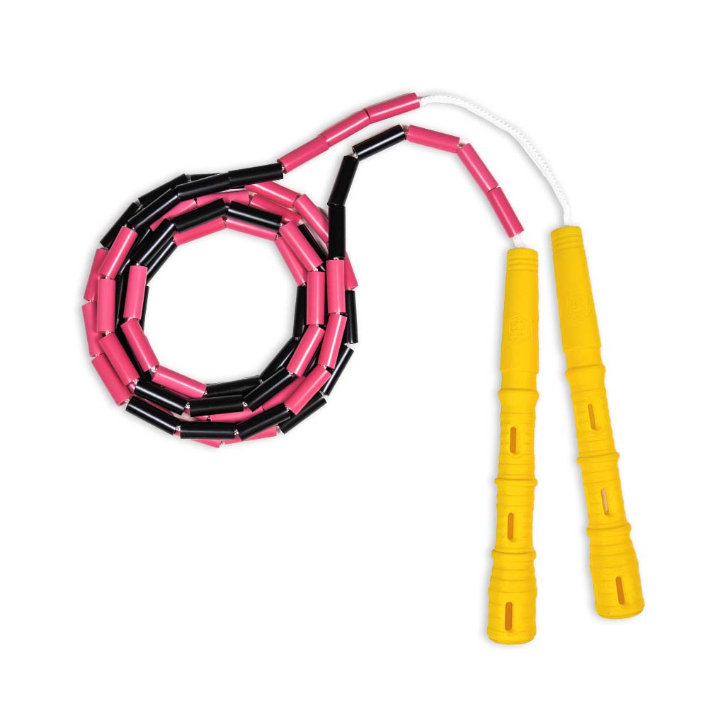 Korálkové Katana Rope - švihadlo pre začiatočníkov, nastaviteľná dĺžka, vhodné na chudnutie. Vyber farbu rukovätí:: Žlté, Vyber farbu korálikov: Růžovo/čierna