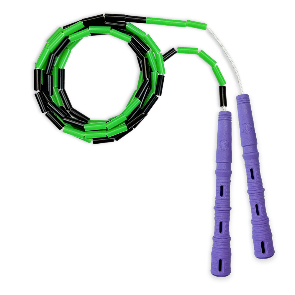 Korálkové Katana Rope - švihadlo pre začiatočníkov, nastaviteľná dĺžka, vhodné na chudnutie. Vyber farbu rukovätí:: Fialové, Vyber farbu korálikov: Čierno/zelená