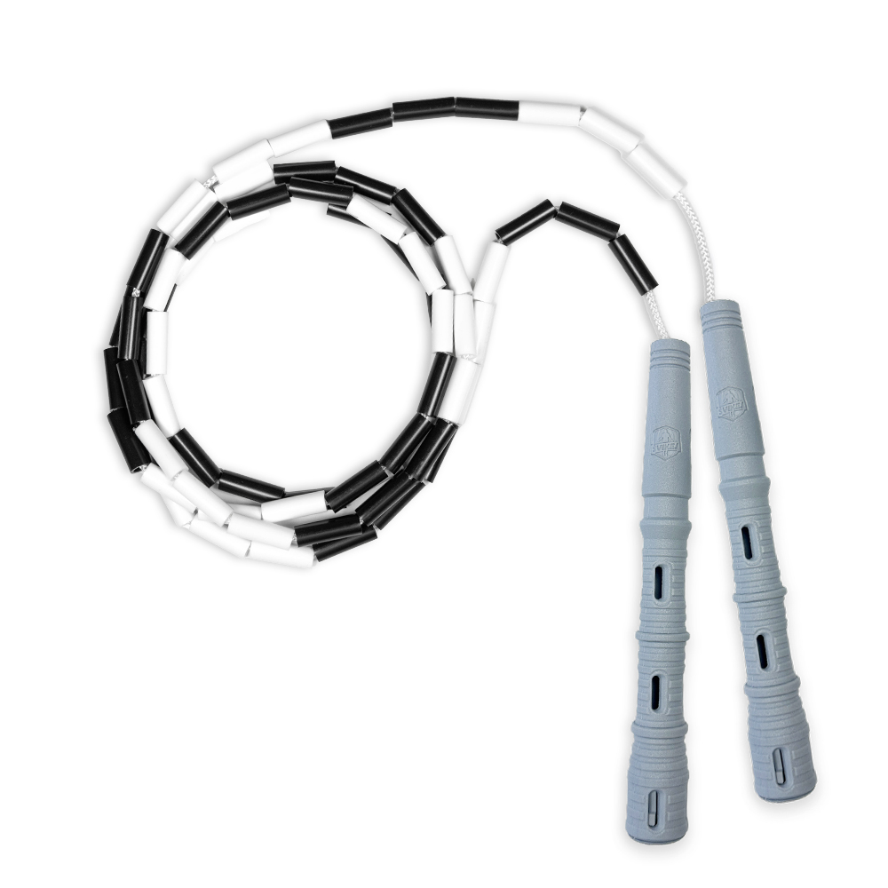 Korálkové Katana Rope - švihadlo pre začiatočníkov, nastaviteľná dĺžka, vhodné na chudnutie. Vyber farbu rukovätí:: Šedé, Vyber farbu korálikov: Bielo/čierna