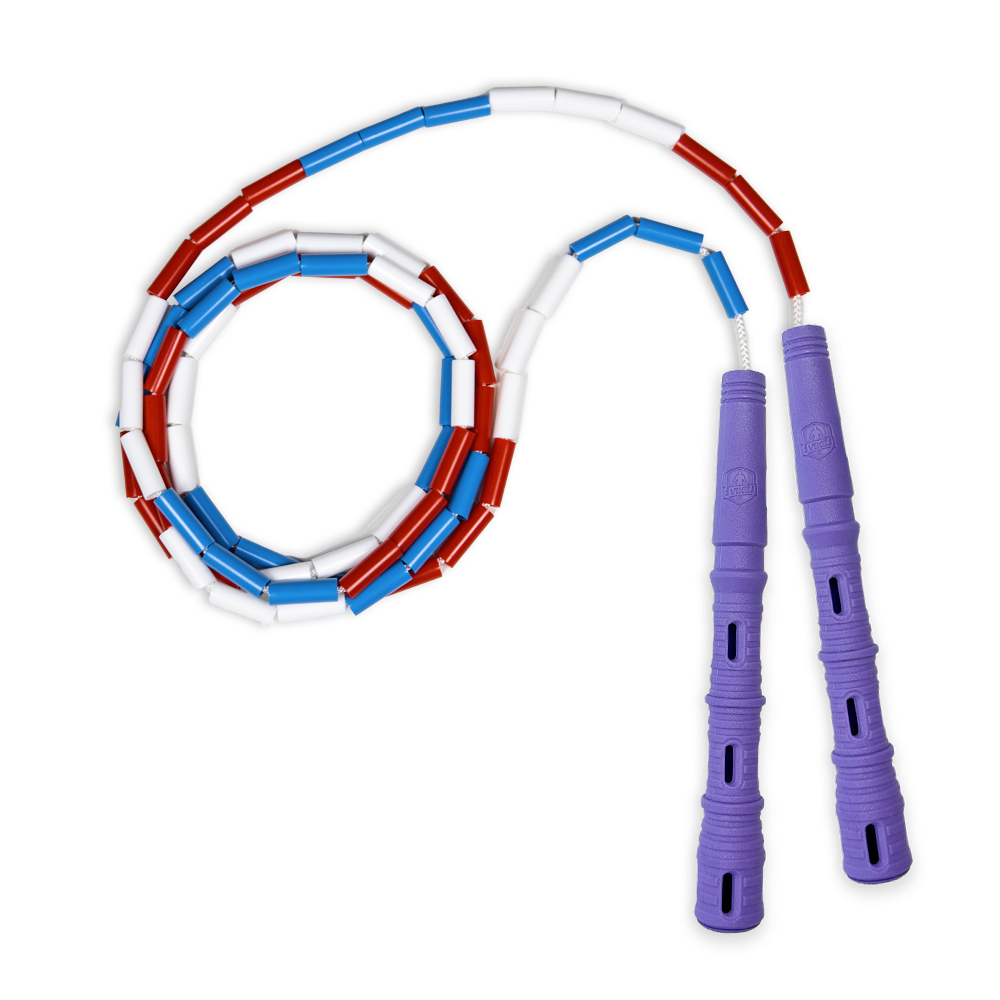Korálkové Katana Rope - švihadlo pre začiatočníkov, nastaviteľná dĺžka, vhodné na chudnutie. Vyber farbu rukovätí:: Fialové, Vyber farbu korálikov: Červeno/modro/biela
