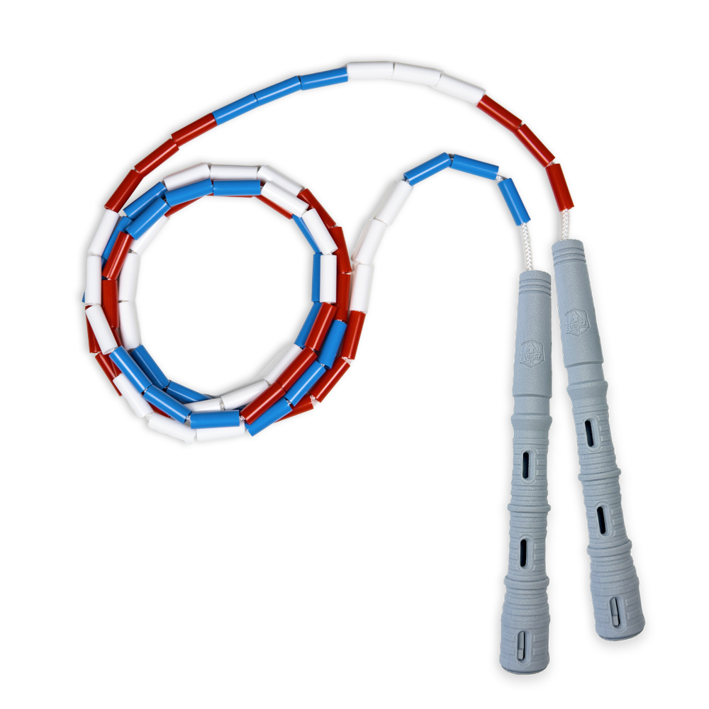 Korálkové Katana Rope - švihadlo pre začiatočníkov, nastaviteľná dĺžka, vhodné na chudnutie. Vyber farbu rukovätí:: Šedé, Vyber farbu korálikov: Červeno/modro/biela