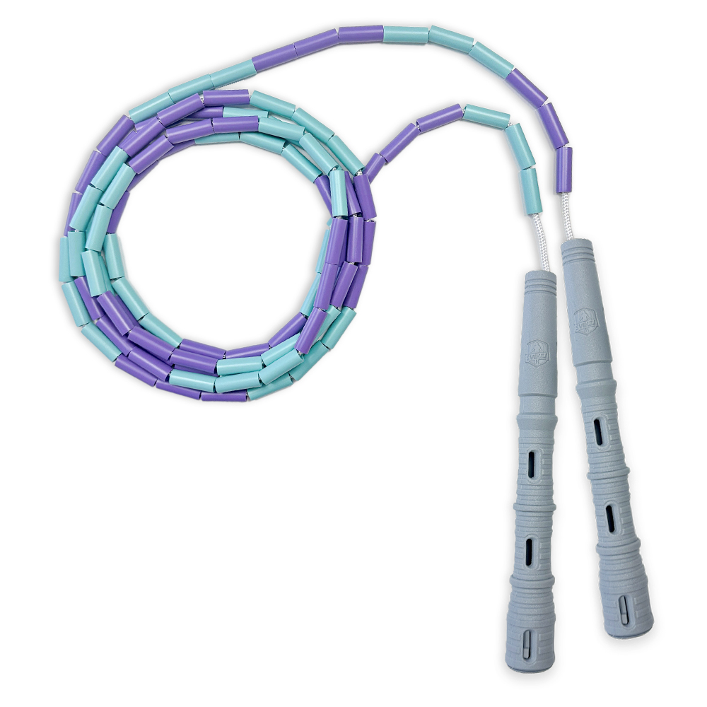 Korálkové Katana Rope - švihadlo pre začiatočníkov, nastaviteľná dĺžka, vhodné na chudnutie. Vyber farbu rukovätí:: Šedé, Vyber farbu korálikov: Fialovo/mint