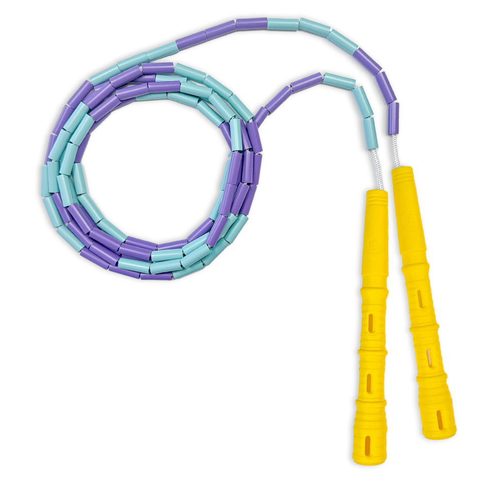 Korálkové Katana Rope - švihadlo pre začiatočníkov, nastaviteľná dĺžka, vhodné na chudnutie. Vyber farbu rukovätí:: Žlté, Vyber farbu korálikov: Fialovo/mint