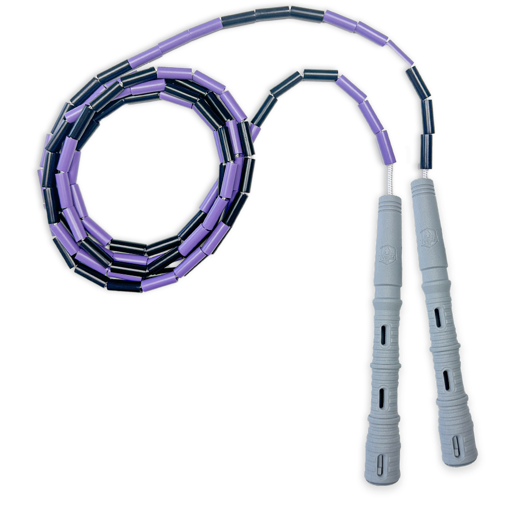 Korálkové Katana Rope - švihadlo pre začiatočníkov, nastaviteľná dĺžka, vhodné na chudnutie. Vyber farbu rukovätí:: Šedé, Vyber farbu korálikov: Fialovo/čierna