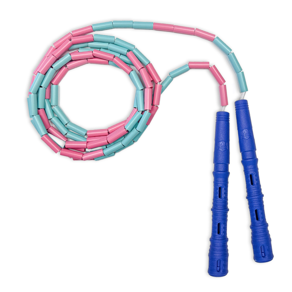 Korálkové Katana Rope - švihadlo pre začiatočníkov, nastaviteľná dĺžka, vhodné na chudnutie. Vyber farbu rukovätí:: Modré, Vyber farbu korálikov: Růžovo/mint