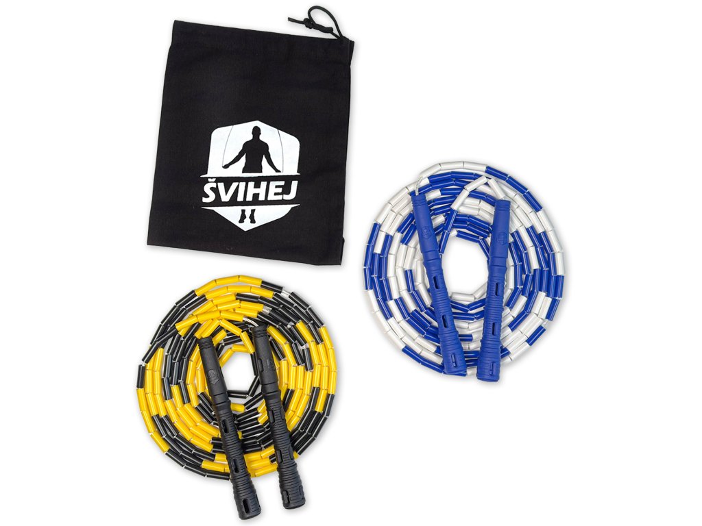 Double Dutch – 2 dlhé švihadlá Farba: Žlto/čierna – čierne rukoväte; Modro/biela – modré rukoväte
