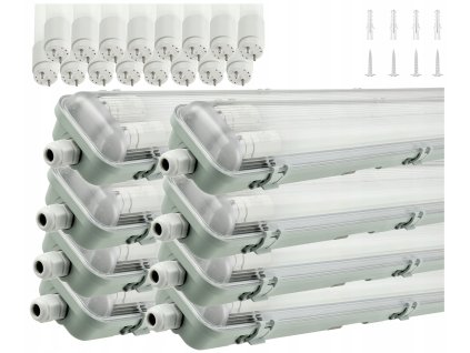 8x Svítidlo IP65 + 16x LED trubice 18w 120cm - vyšší svítivost - 2x2440lm - studená bílá