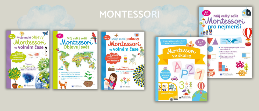 Montessori knihy a pracovní sešity pro děti.