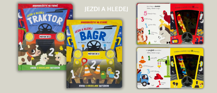 Jezdi a hledej - knihy s tématikou traktoru a bagru.