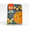 Photorealistic 3D render of Haldiram's Minute Khana Aloo Mutter packet on clean white background. The packet is rectangular with dark grey blue textured background. Top left shows orange rectangular panel with white