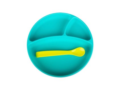 BBLÜV Miäm Silikonový talířek Aqua a Lžička Lime