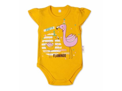 Baby Nellys Bavlnené dojčenské body krátky rukáv Flamingo horčicove Veľkosti kojenecké oblečenie 86 12-18m