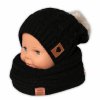 BABY NELLYS Zimná dvojvrstvová čiapka s brmbolcom komínček Love čierná Veľkosti kojenecké oblečenie 104-110 3-5r