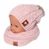 BABY NELLYS Zimná dvojvrstvová čiapka s brmbolcom komínček Love pudrová Veľkosti kojenecké oblečenie 104-110 3-5r