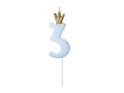 partydeco svicka mala modra s korunkou cislo 3