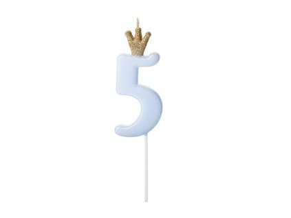 partydeco svicka mala modra s korunkou cislo 5