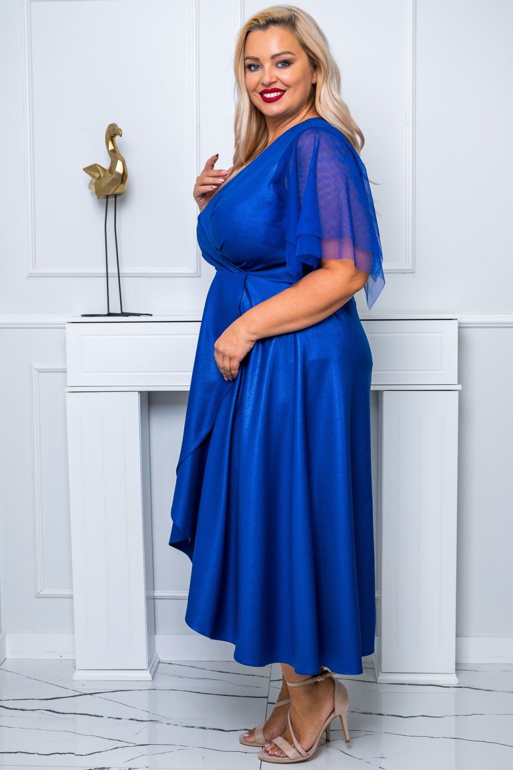 Midi spoločenské šaty s tylovým rukávom Elena lesk 02