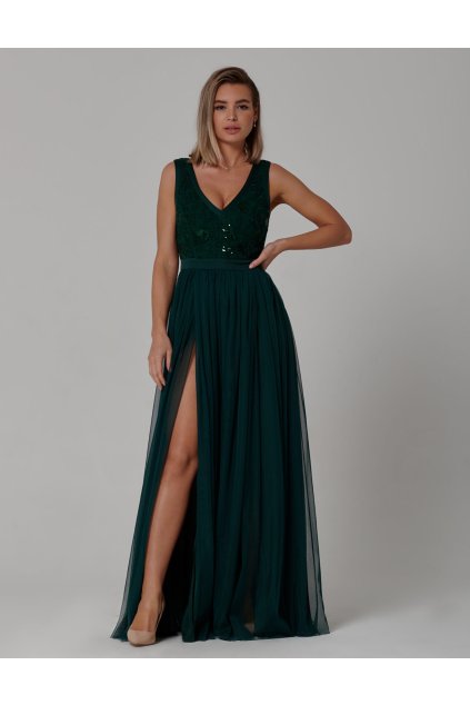 Tmavozelené šaty CHARLOTE s tylovou sukňou 797-3