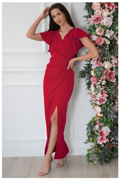 Dlhé červené spoločenské šaty s volánikovým rukávom 502/1